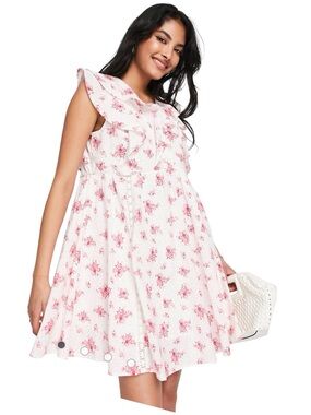 RIVER ISLAND Floral Pink Frill Smock Mini Dress